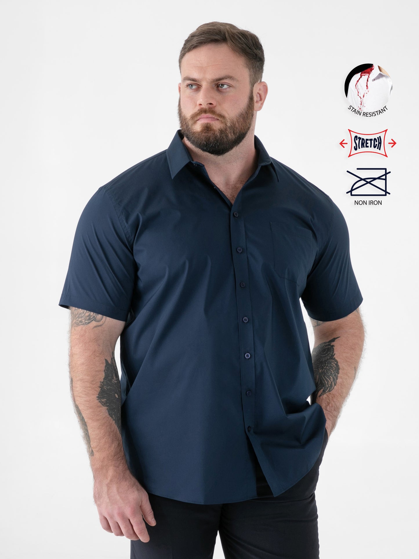 LUCAS -D555 Navy Blue Ultimate Stain Resist Non Iron Short Sleeve Stretch Shirt