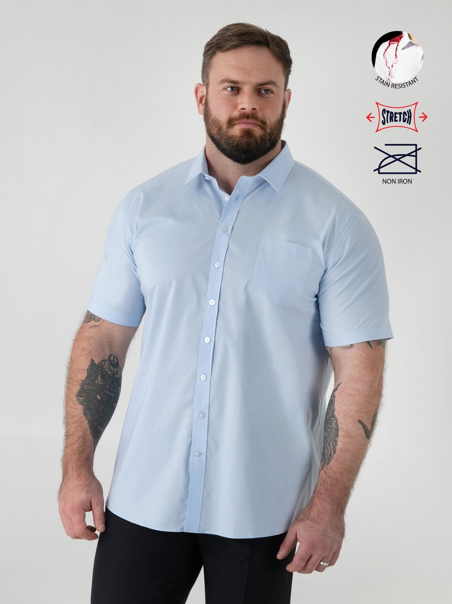 LUCAS -D555 Sky Blue Ultimate Stain Resist Non Iron Short Sleeve Stretch Shirt