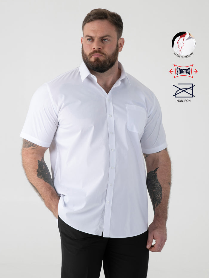 LUCAS -D555 White Ultimate Stain Resist Non Iron Short Sleeve Stretch Shirt
