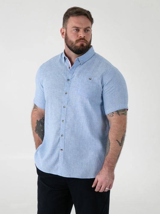 CLARKE 1 -D555 Blue Linen Mix S/S Shirt With Button Down Collar & Pocket