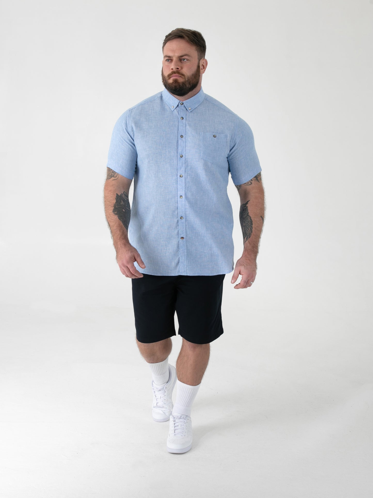 CLARKE 1 -D555 Blue Linen Mix S/S Shirt With Button Down Collar & Pocket