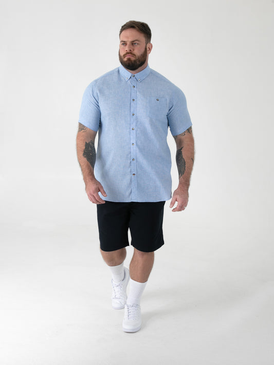 CLARKE 1 -D555 Blue Linen Mix S/S Shirt With Button Down Collar & Pocket