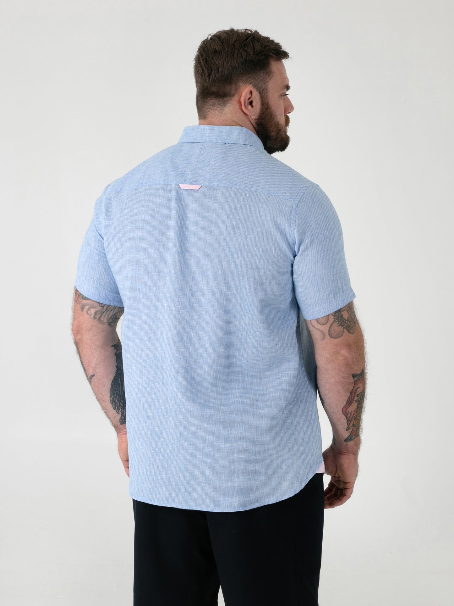 CLARKE 1 -D555 Blue Linen Mix S/S Shirt With Button Down Collar & Pocket