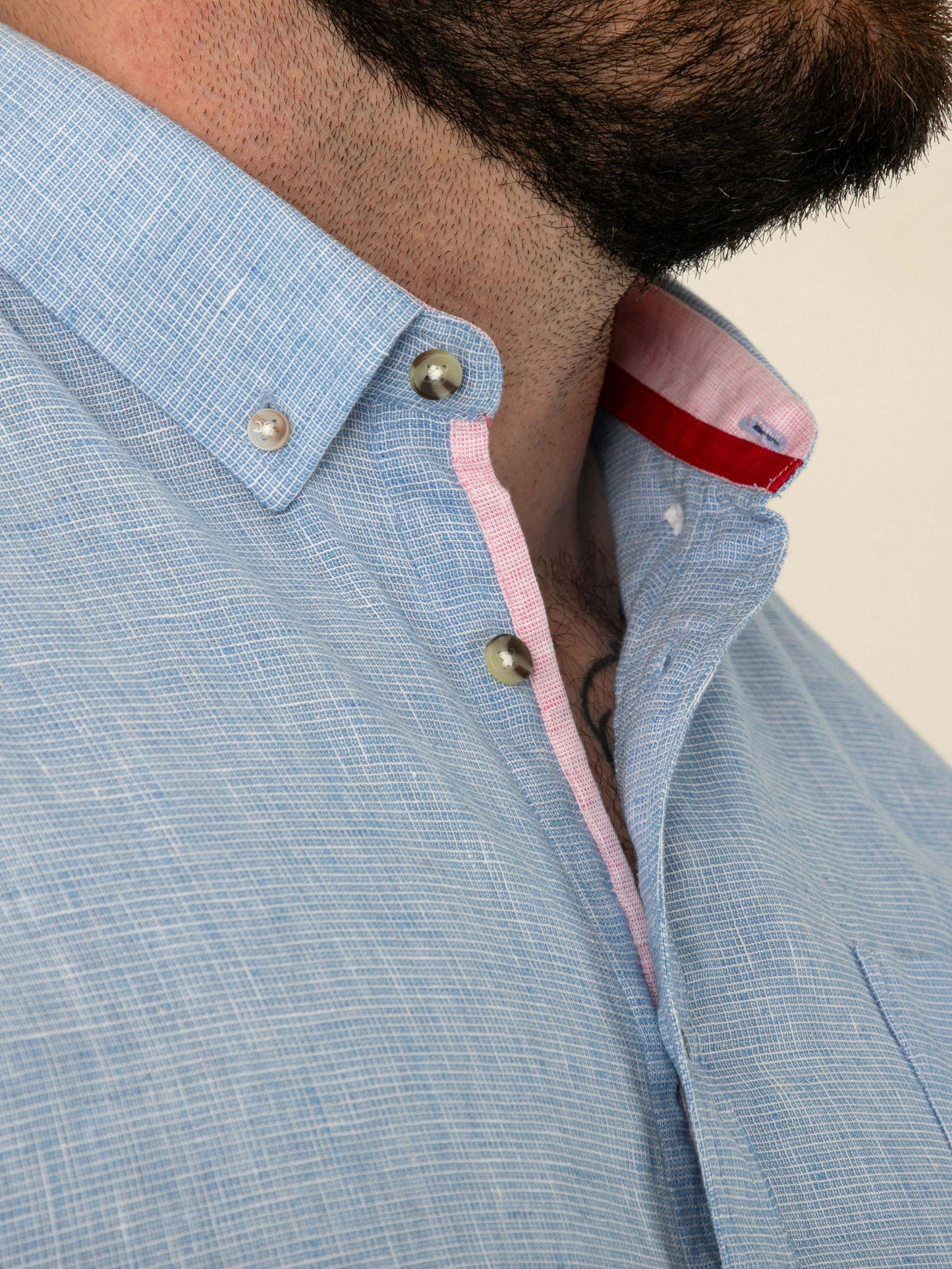 CLARKE 1 -D555 Blue Linen Mix S/S Shirt With Button Down Collar & Pocket