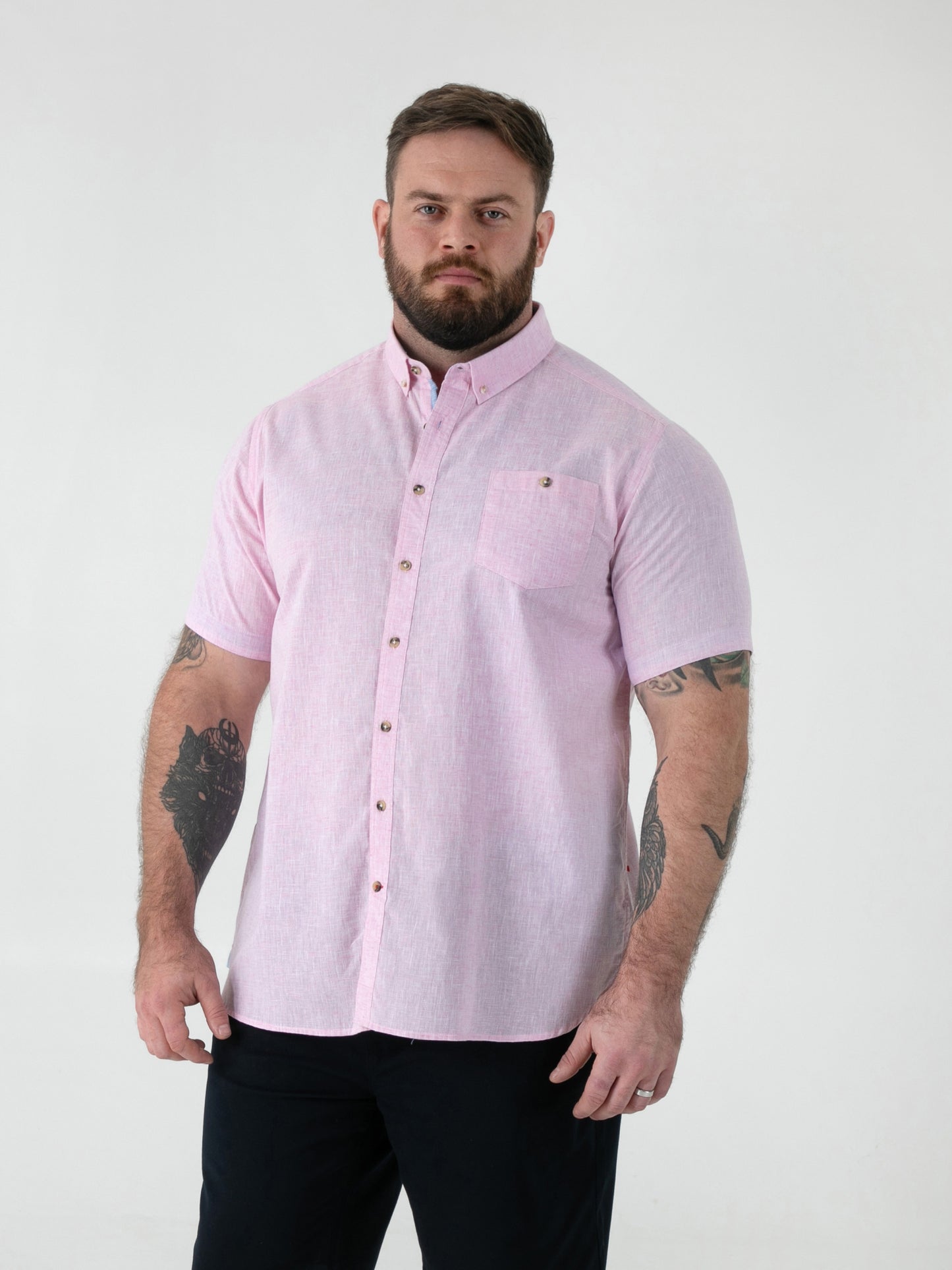 CLARKE 2 -D555 Pink Linen Mix S/S Shirt With Button Down Collar & Pocket