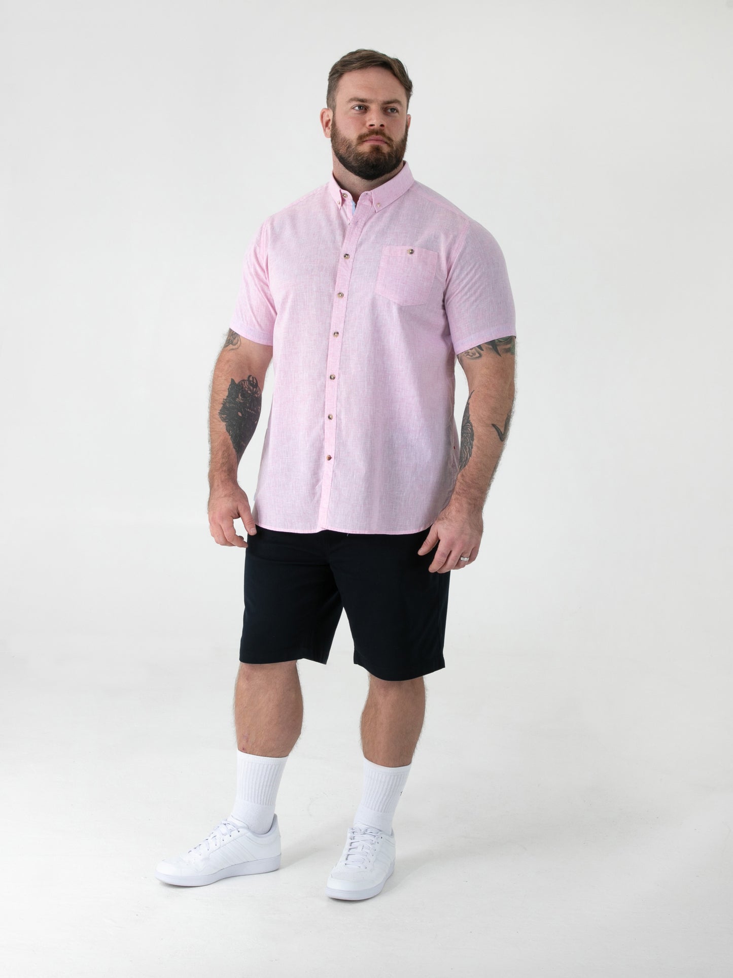 CLARKE 2 -D555 Pink Linen Mix S/S Shirt With Button Down Collar & Pocket