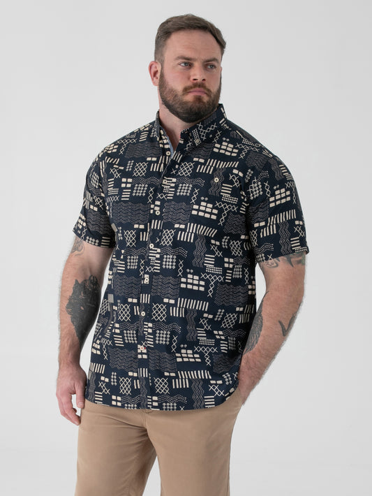RICK -D555 Navy Blue Geometric Print Short Sleeve Button Down Collar Shirt