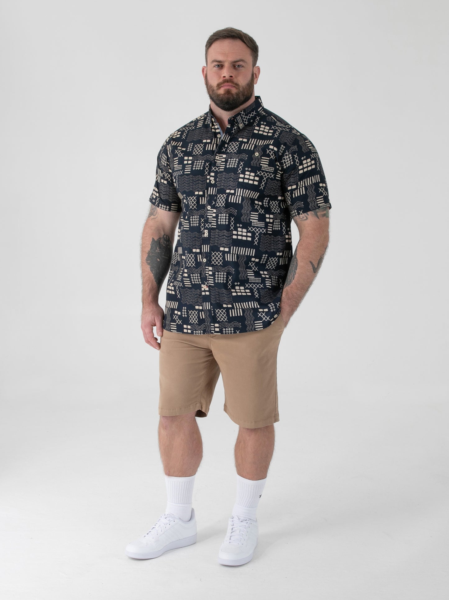 RICK -D555 Navy Blue Geometric Print Short Sleeve Button Down Collar Shirt