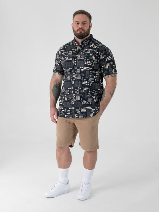 RICK -D555 Navy Blue Geometric Print Short Sleeve Button Down Collar Shirt