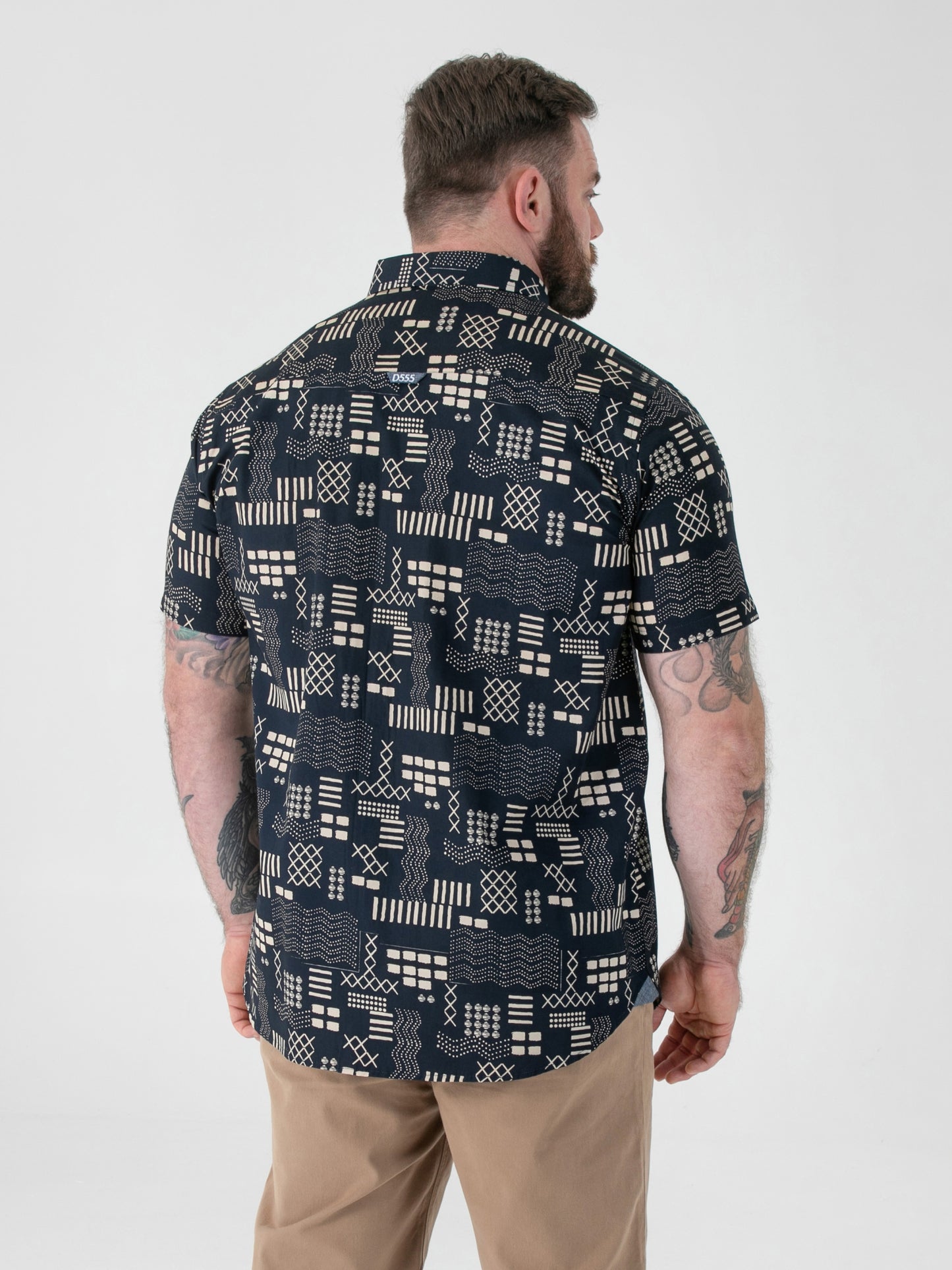 RICK -D555 Navy Blue Geometric Print Short Sleeve Button Down Collar Shirt