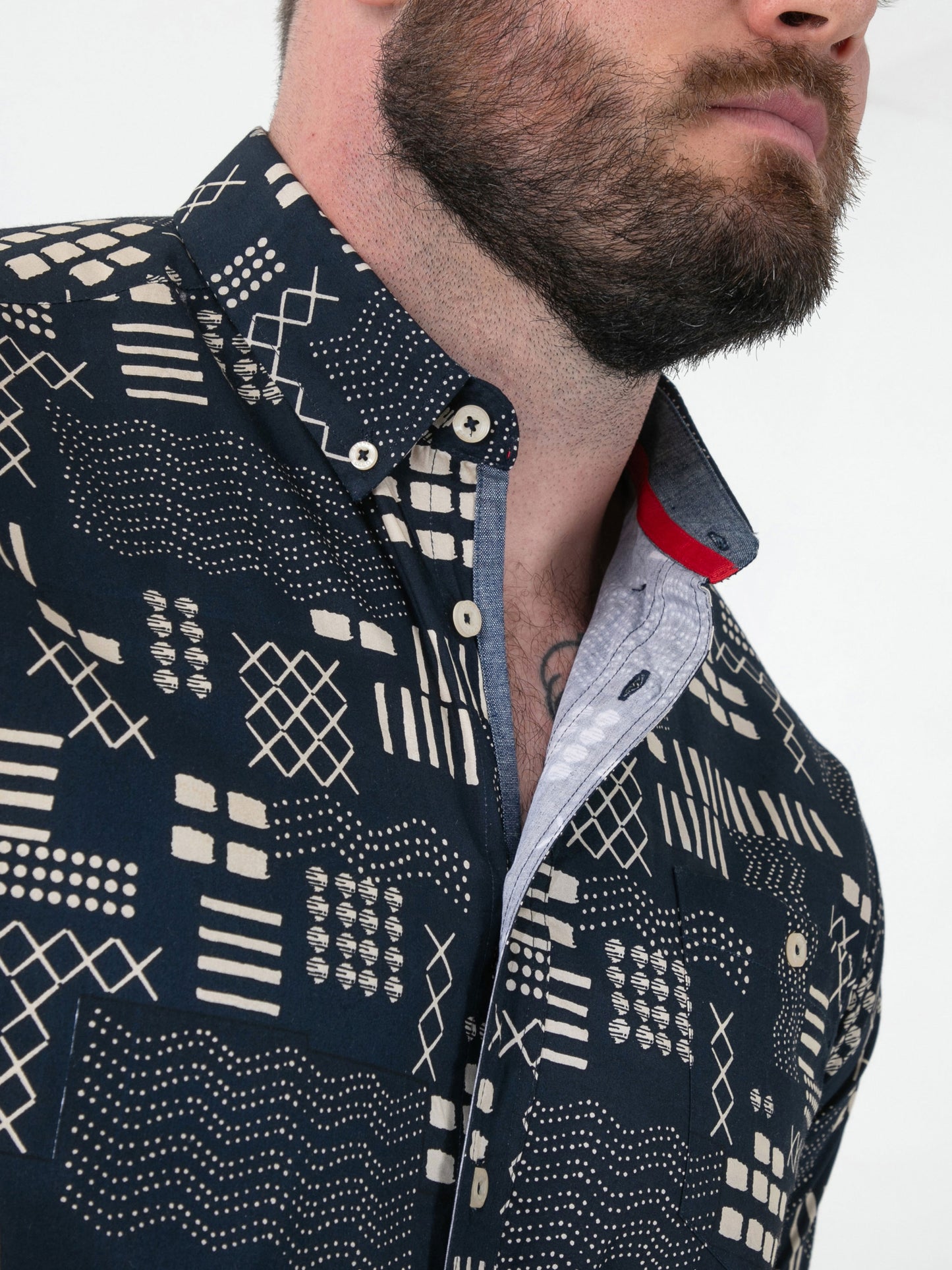 RICK -D555 Navy Blue Geometric Print Short Sleeve Button Down Collar Shirt