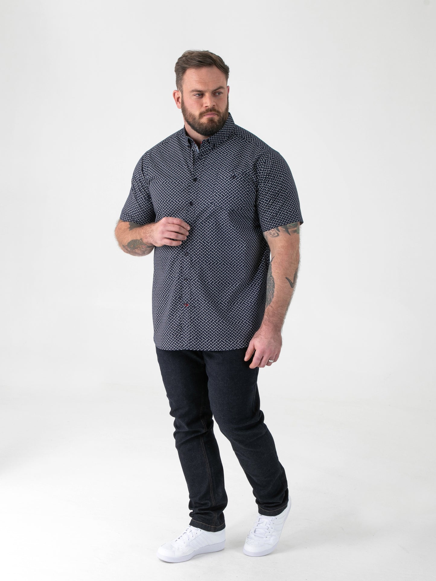 MELROSE -D555 Navy Blue Icon Print Short Sleeve Button Down Collar Shirt