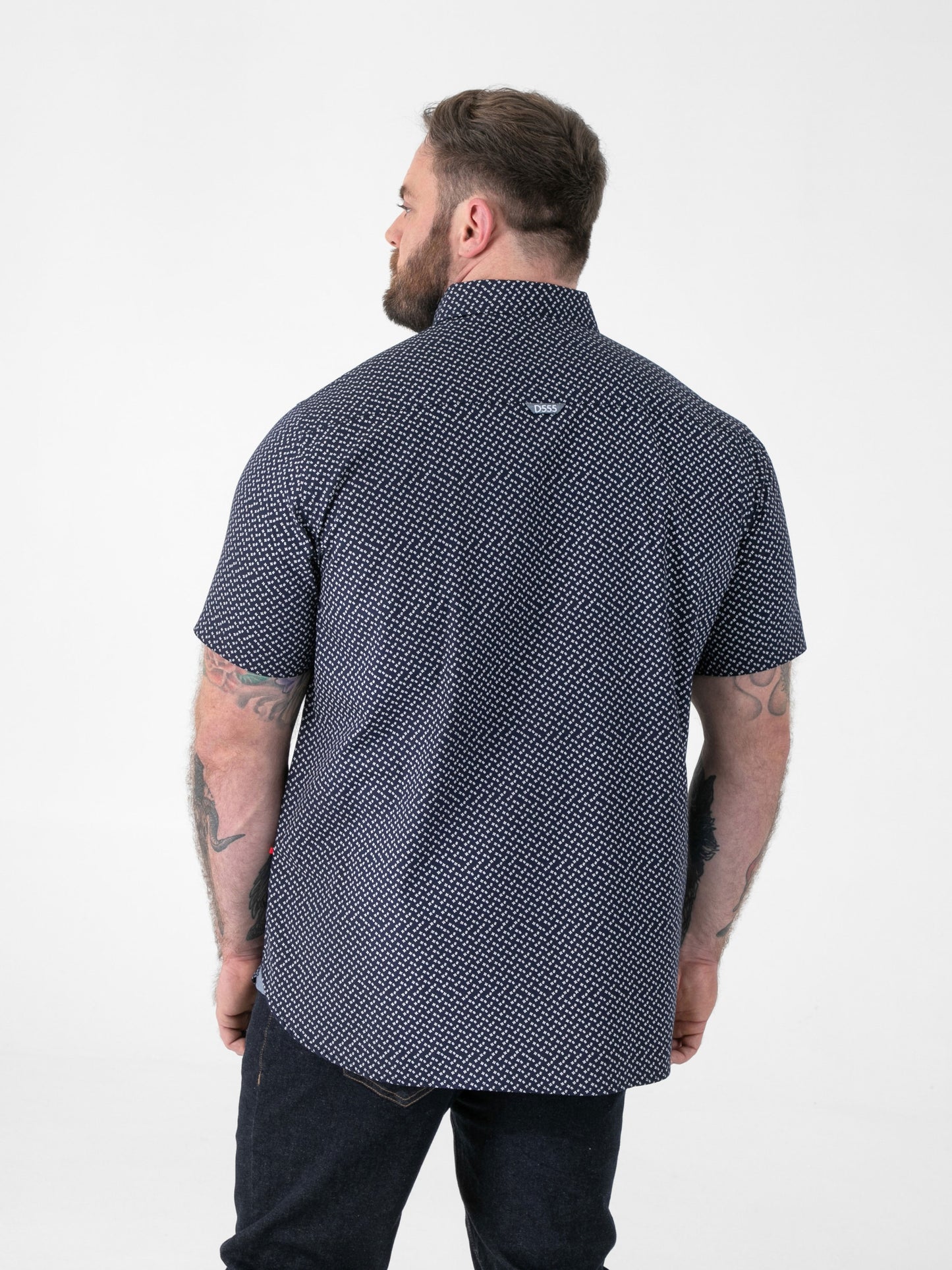 MELROSE -D555 Navy Blue Icon Print Short Sleeve Button Down Collar Shirt