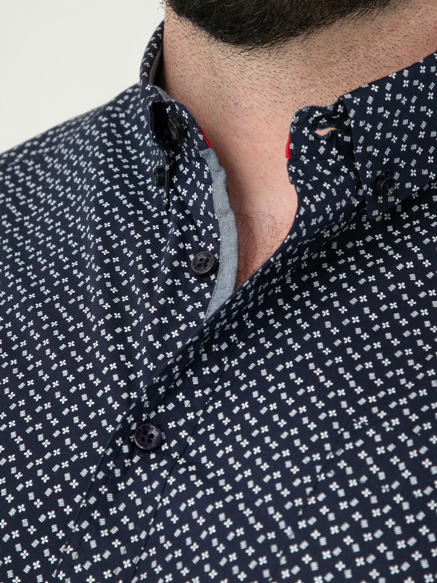 MELROSE -D555 Navy Blue Icon Print Short Sleeve Button Down Collar Shirt