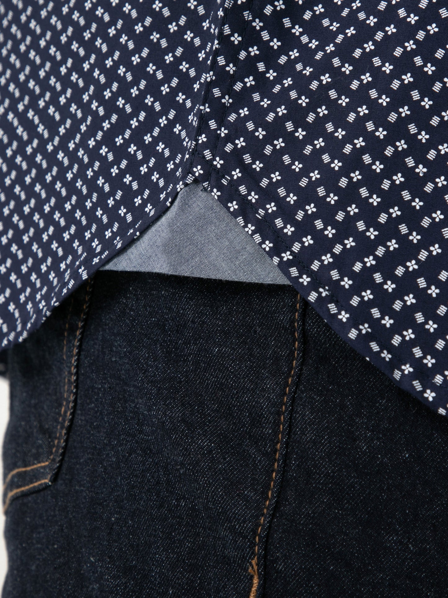 MELROSE -D555 Navy Blue Icon Print Short Sleeve Button Down Collar Shirt