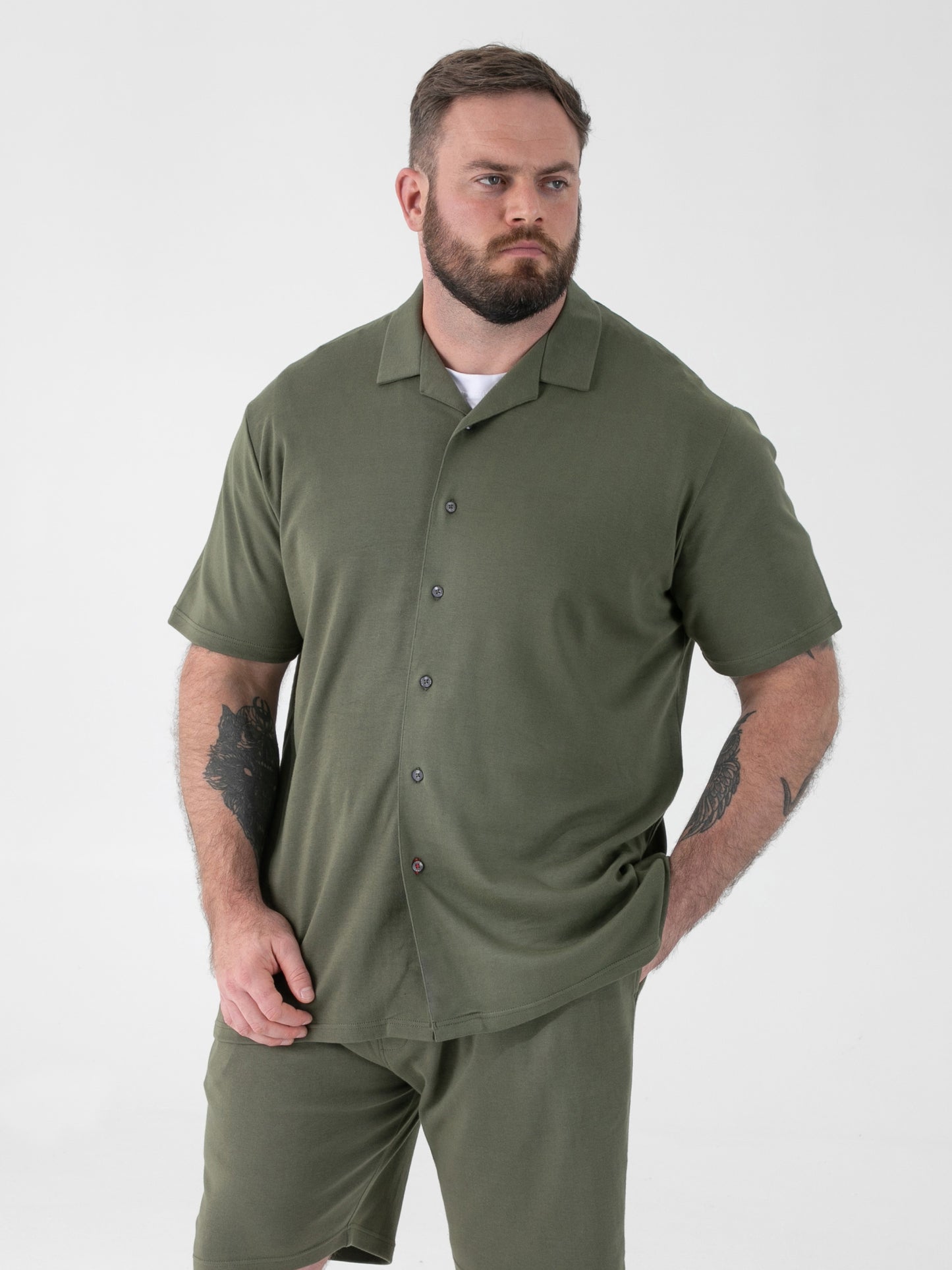 CONNOR 1 -D555 Khaki Green Stretch Cuban Collar Short Sleeve Resort Shirt