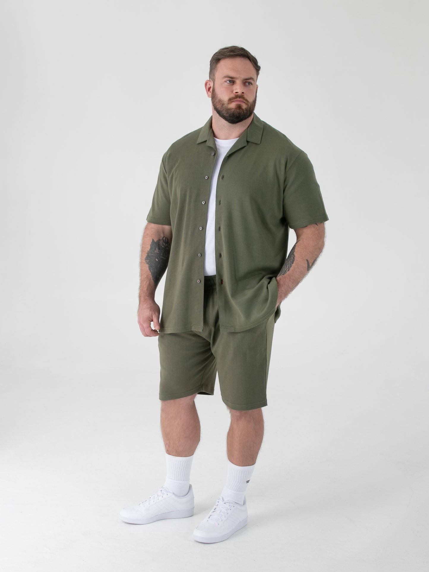 CONNOR 1 -D555 Khaki Green Stretch Cuban Collar Short Sleeve Resort Shirt
