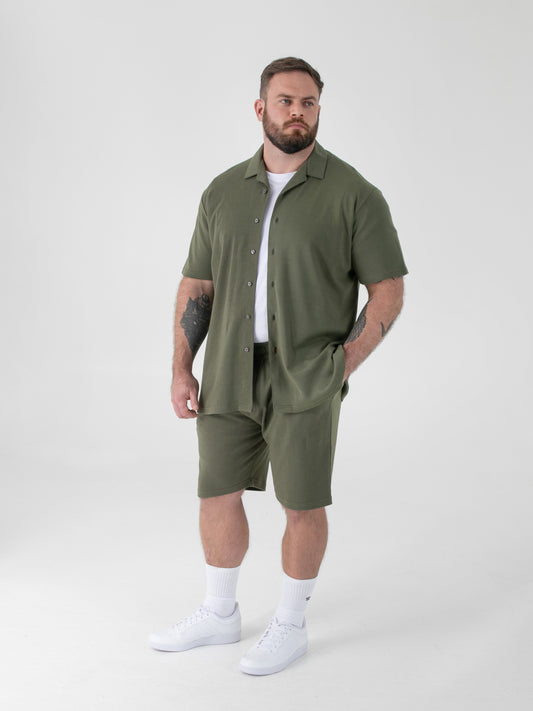 CONNOR 1 -D555 Khaki Green Stretch Cuban Collar Short Sleeve Resort Shirt
