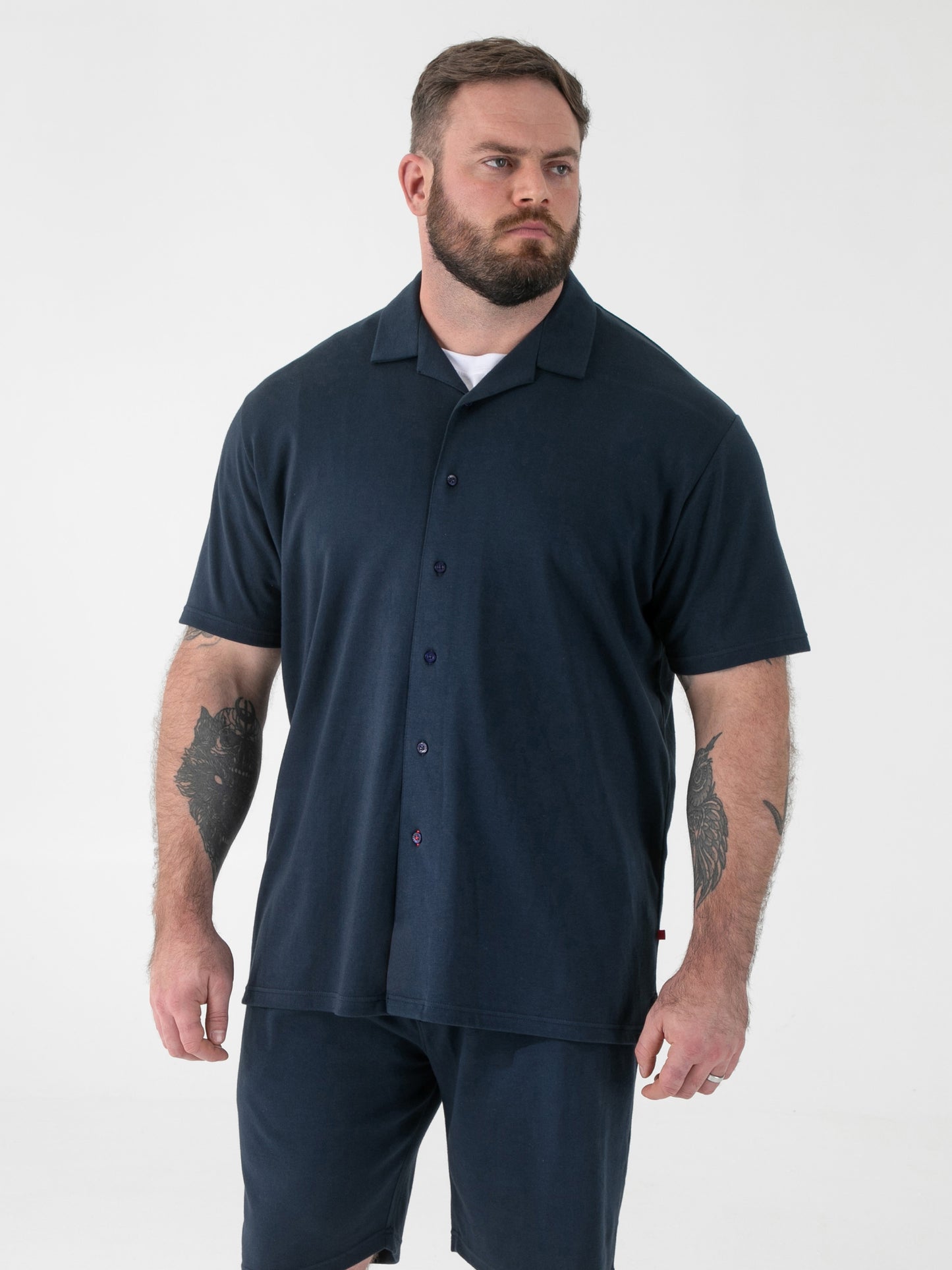 CONNOR 2 -D555 Navy Blue Stretch Cuban Collar Short Sleeve Resort Shirt