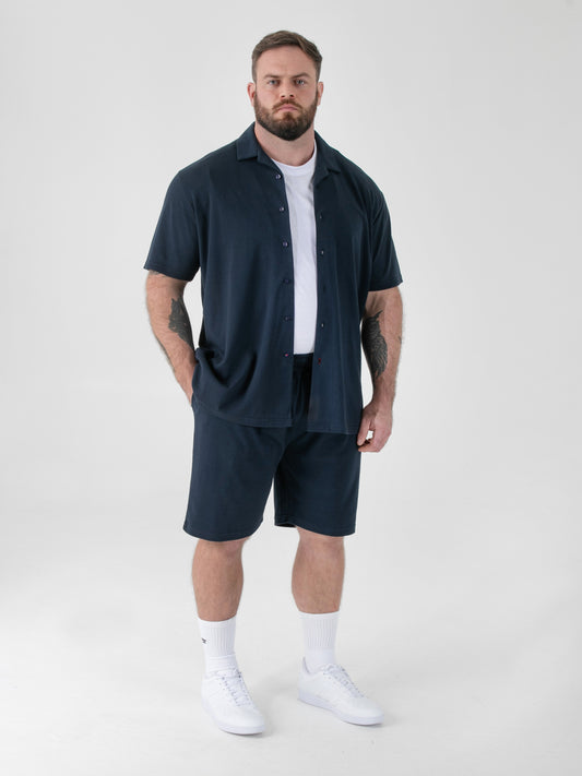 CONNOR 2 -D555 Navy Blue Stretch Cuban Collar Short Sleeve Resort Shirt