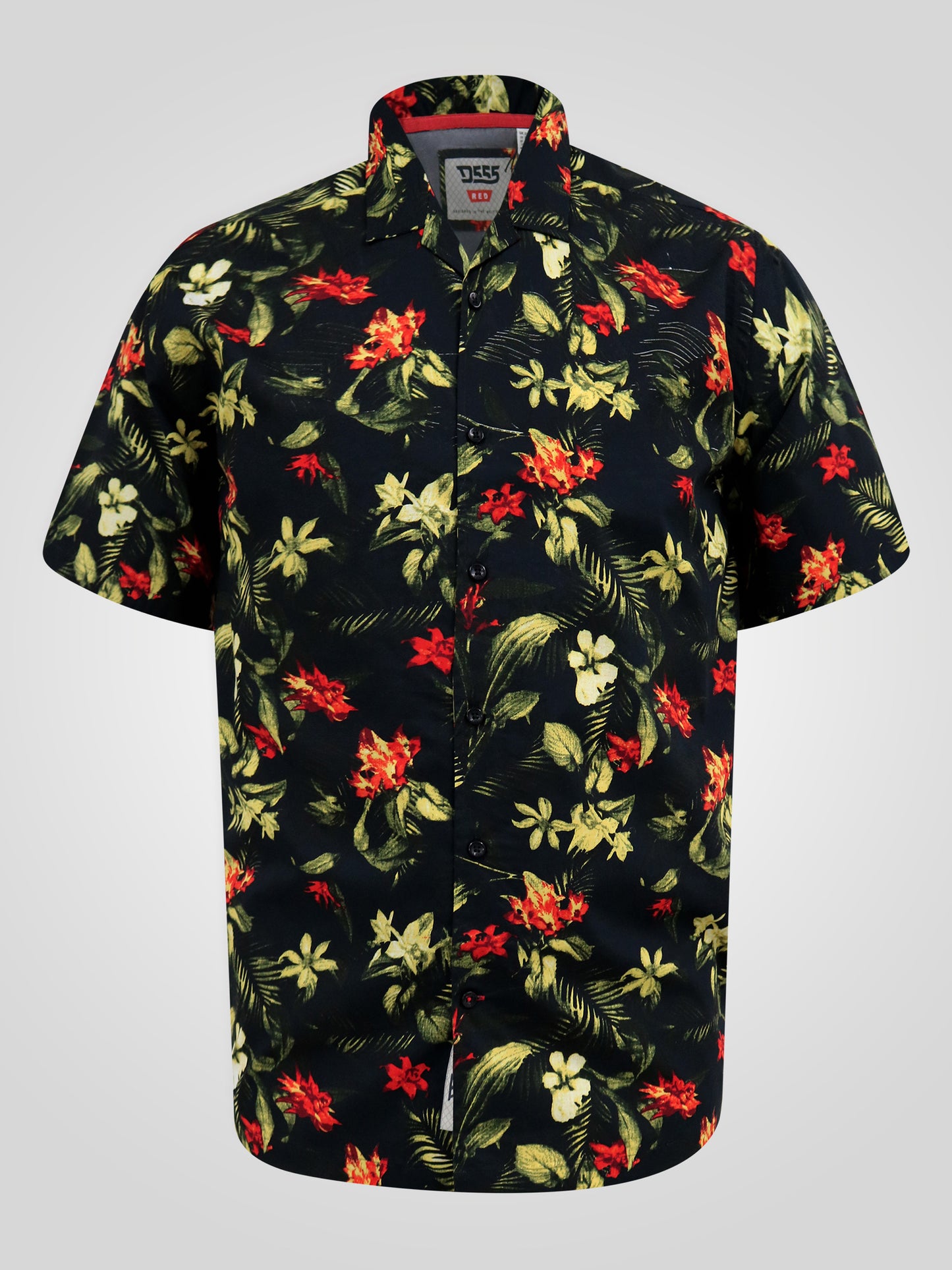 GORDON -D555 Black Hawaiian Printed Cuban Collar Short Sleeve Resort Shirt