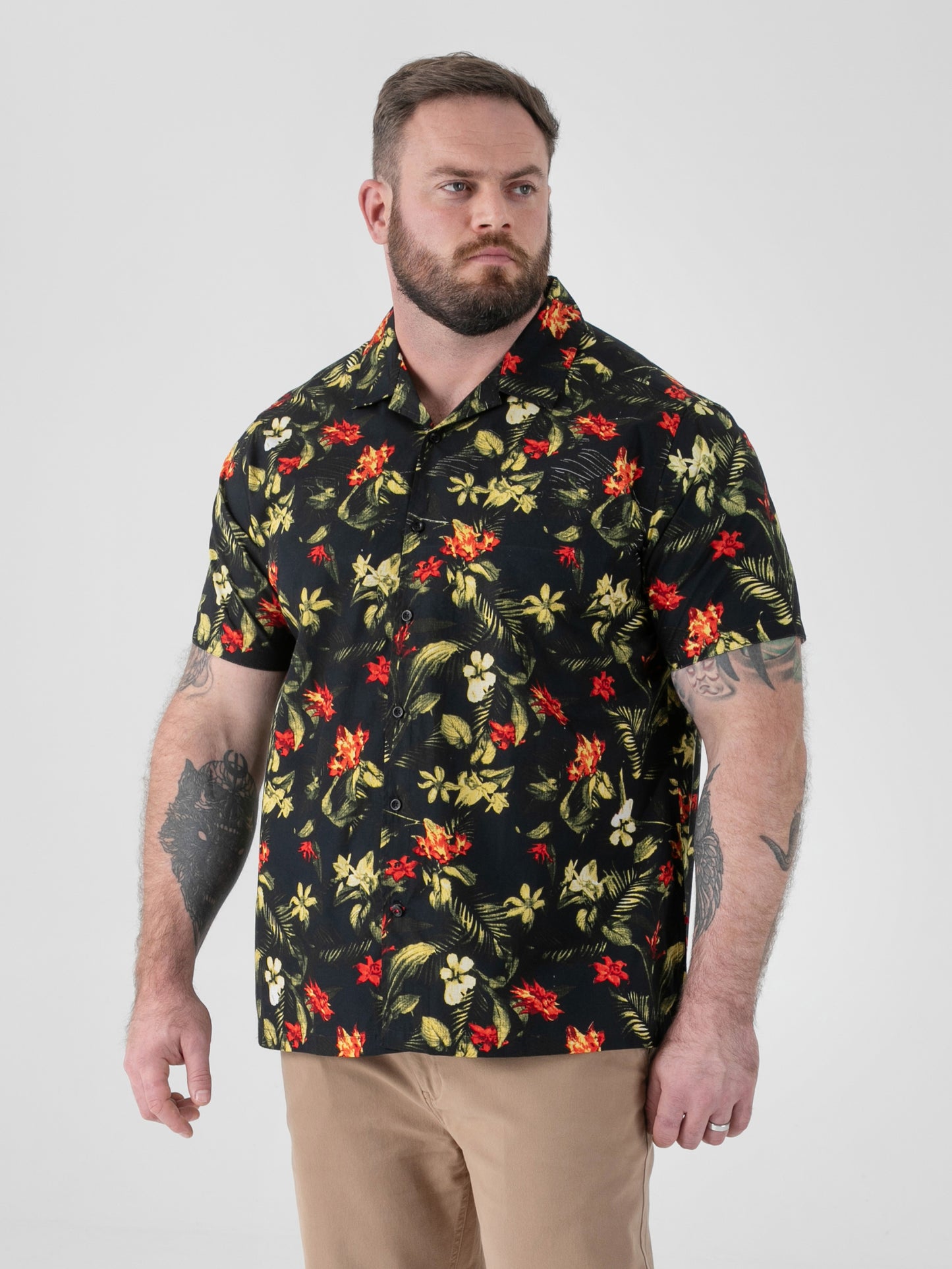 GORDON -D555 Black Hawaiian Printed Cuban Collar Short Sleeve Resort Shirt