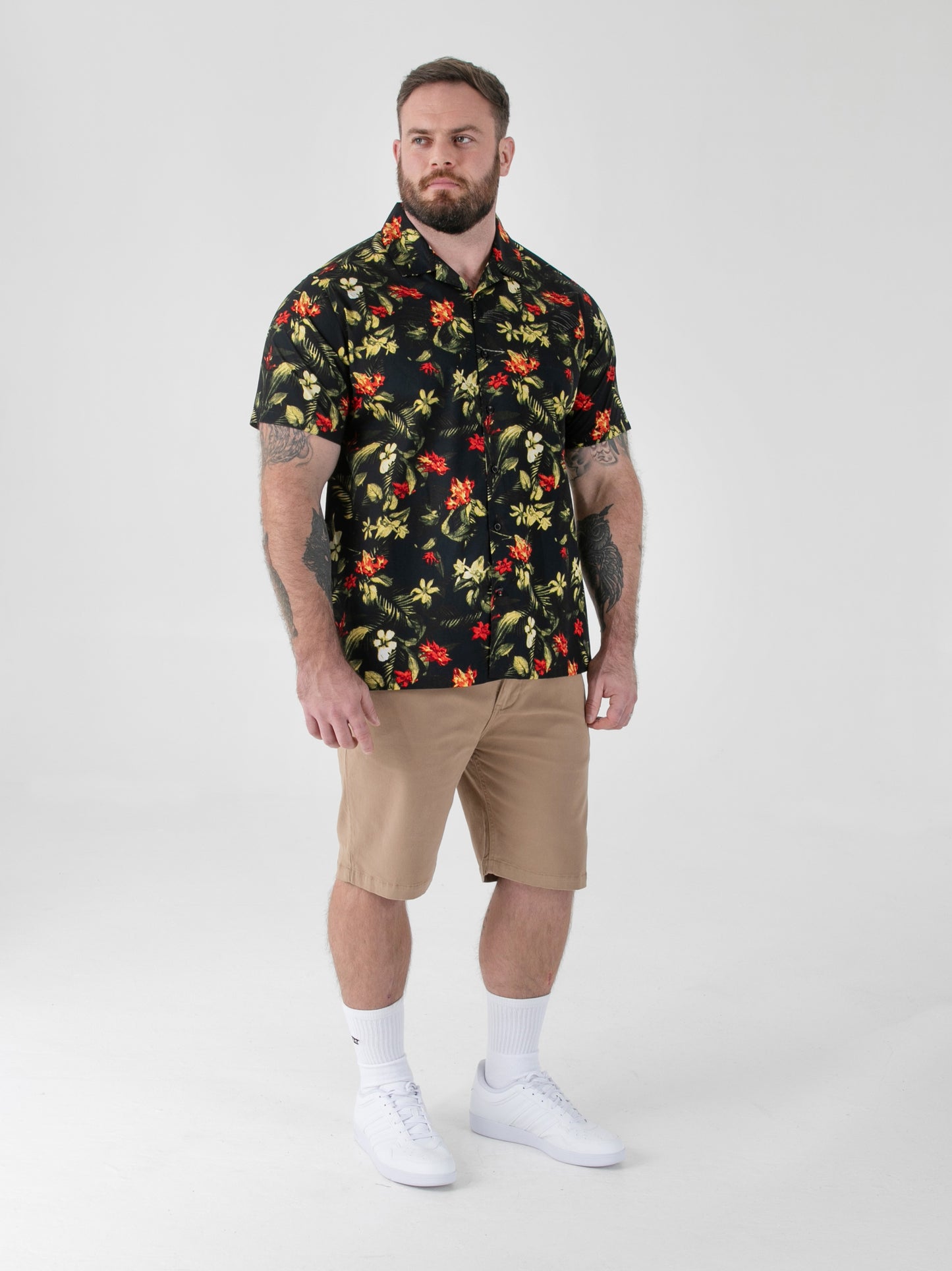 GORDON -D555 Black Hawaiian Printed Cuban Collar Short Sleeve Resort Shirt