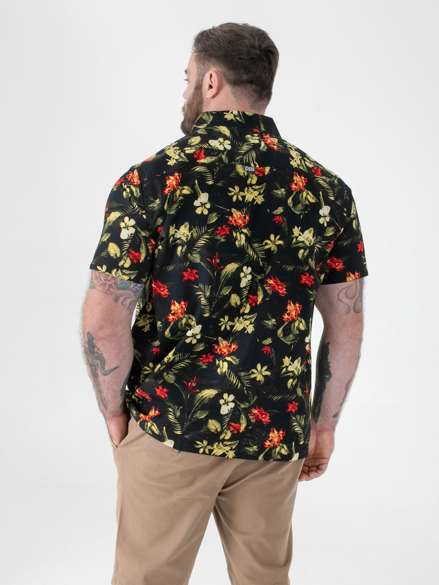 GORDON -D555 Black Hawaiian Printed Cuban Collar Short Sleeve Resort Shirt