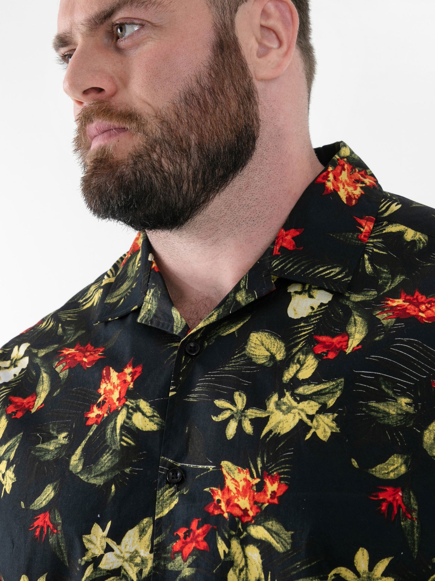 GORDON -D555 Black Hawaiian Printed Cuban Collar Short Sleeve Resort Shirt