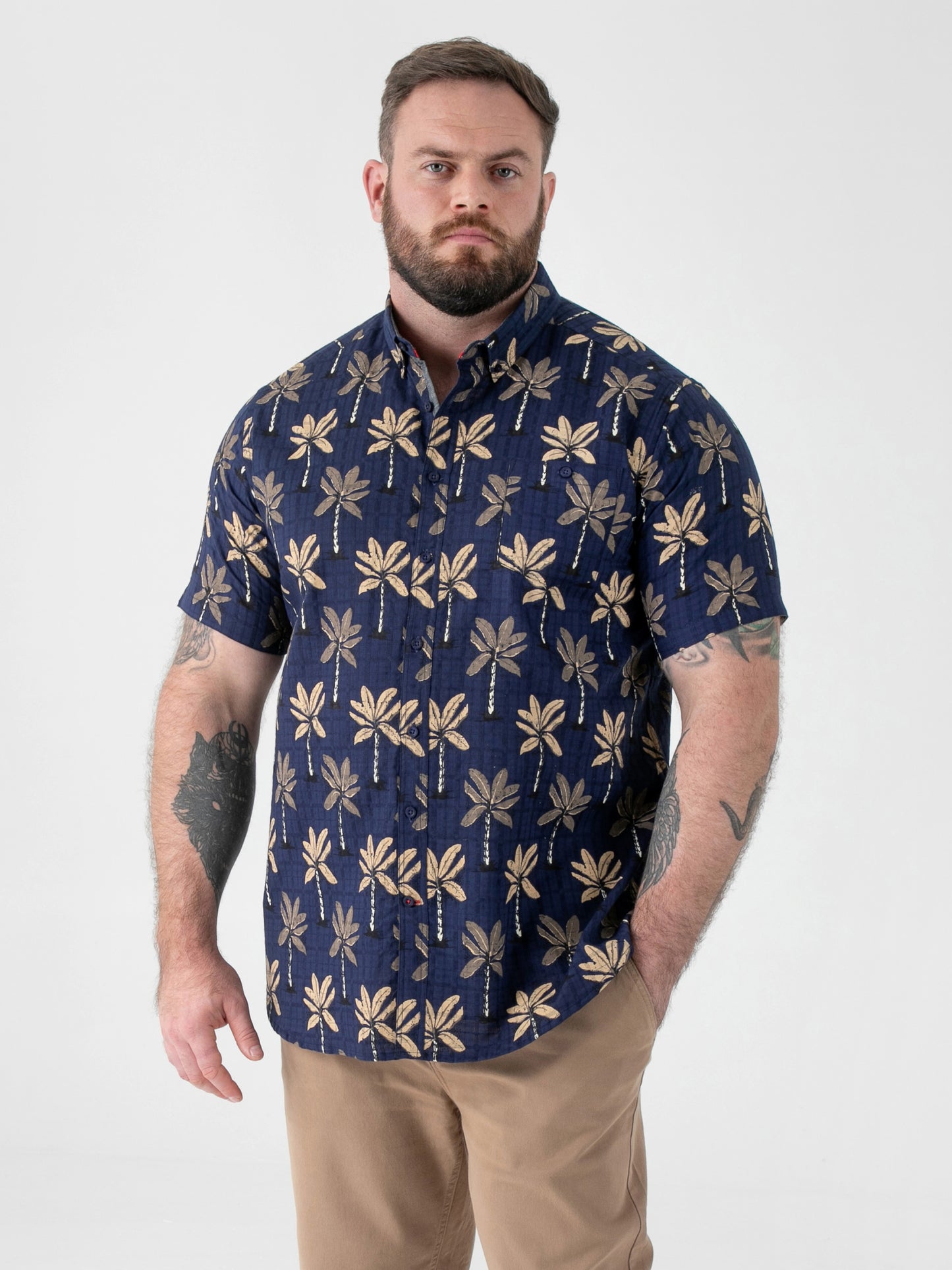 DAVEY -D555 Navy Blue Jacquard Short Sleeve Button Down Collar Shirt with Pocket