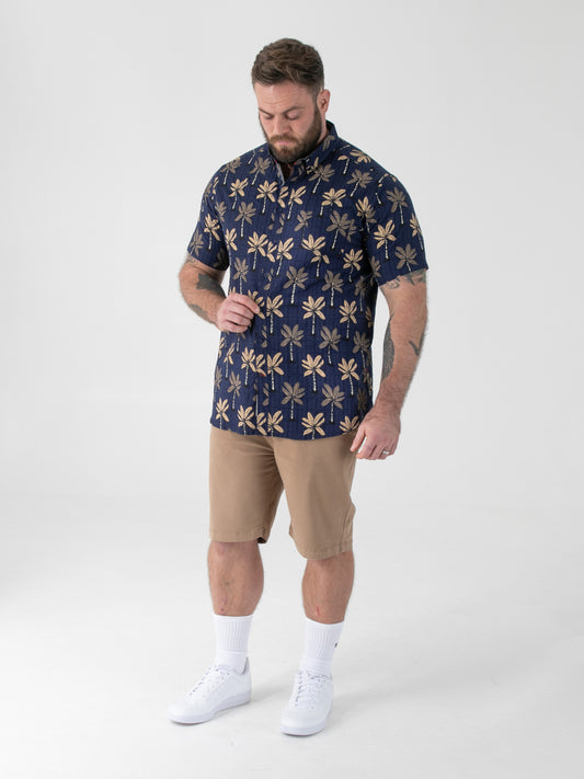 DAVEY -D555 Navy Blue Jacquard Short Sleeve Button Down Collar Shirt with Pocket