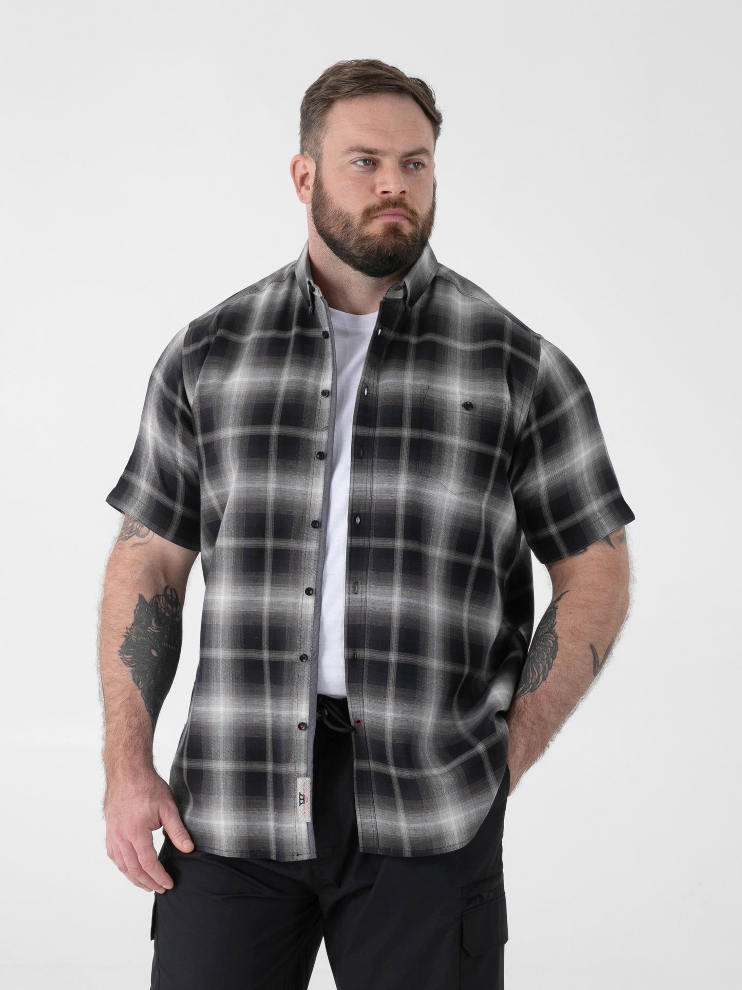 HOLDEN -D555 Black Check Button Down Collar Short Sleeve Shirt With Pocket