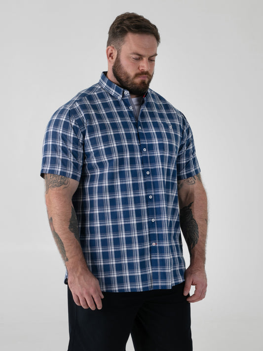 MORRIS -D555 French Navy Check Button Down Collar Short Sleeve Shirt With Pocket