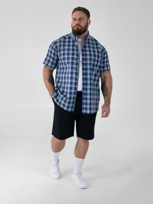 MORRIS -D555 French Navy Check Button Down Collar Short Sleeve Shirt With Pocket