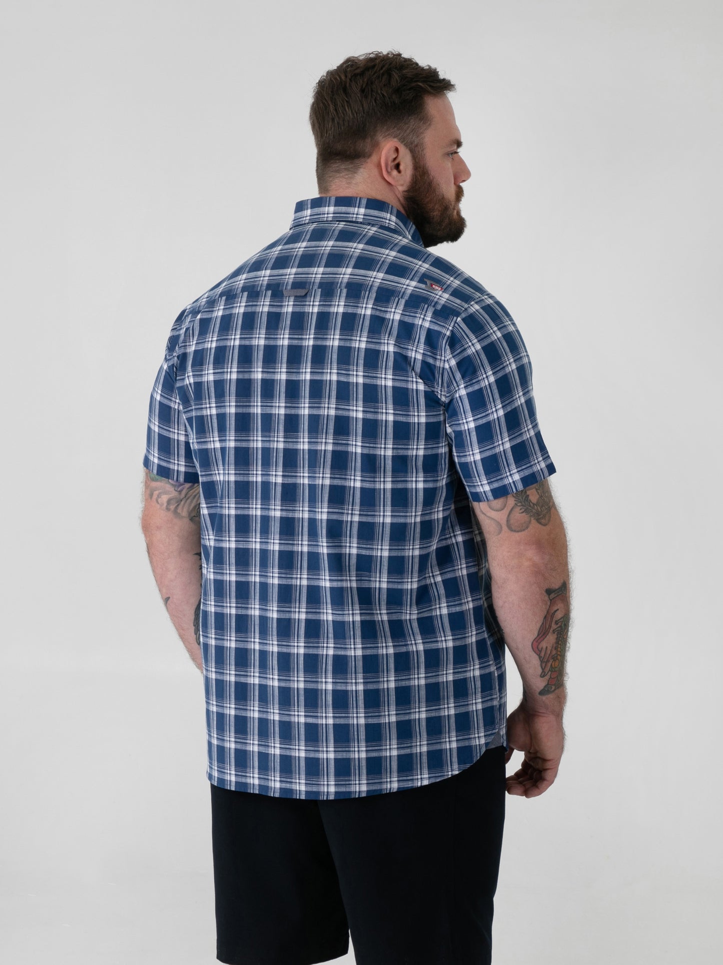 MORRIS -D555 French Navy Check Button Down Collar Short Sleeve Shirt With Pocket