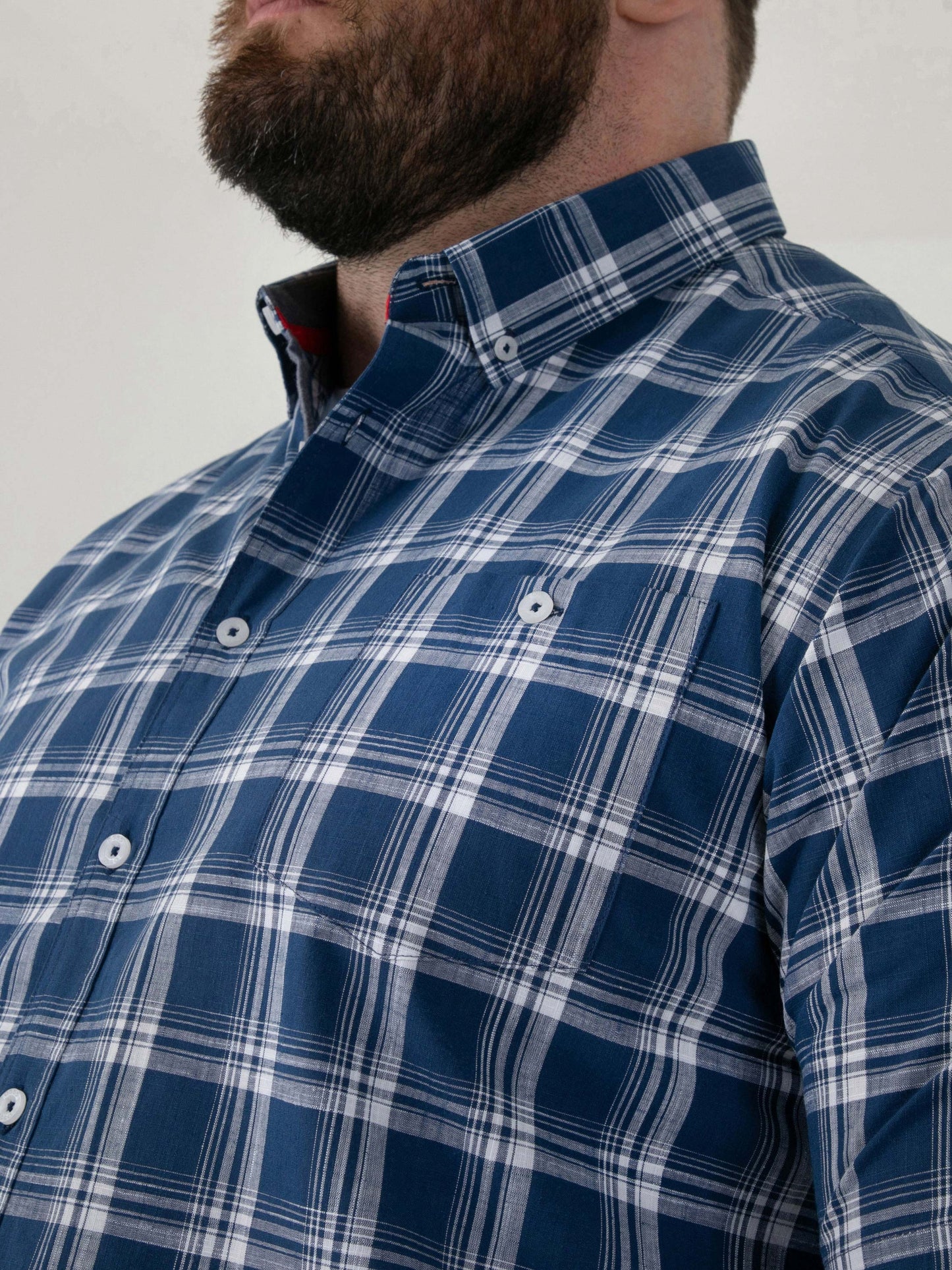 MORRIS -D555 French Navy Check Button Down Collar Short Sleeve Shirt With Pocket