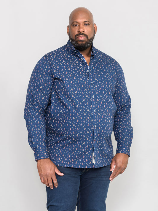 EDMUND -D555 Navy Blue Long Sleeve Shirt with Concealed Button Down Collar