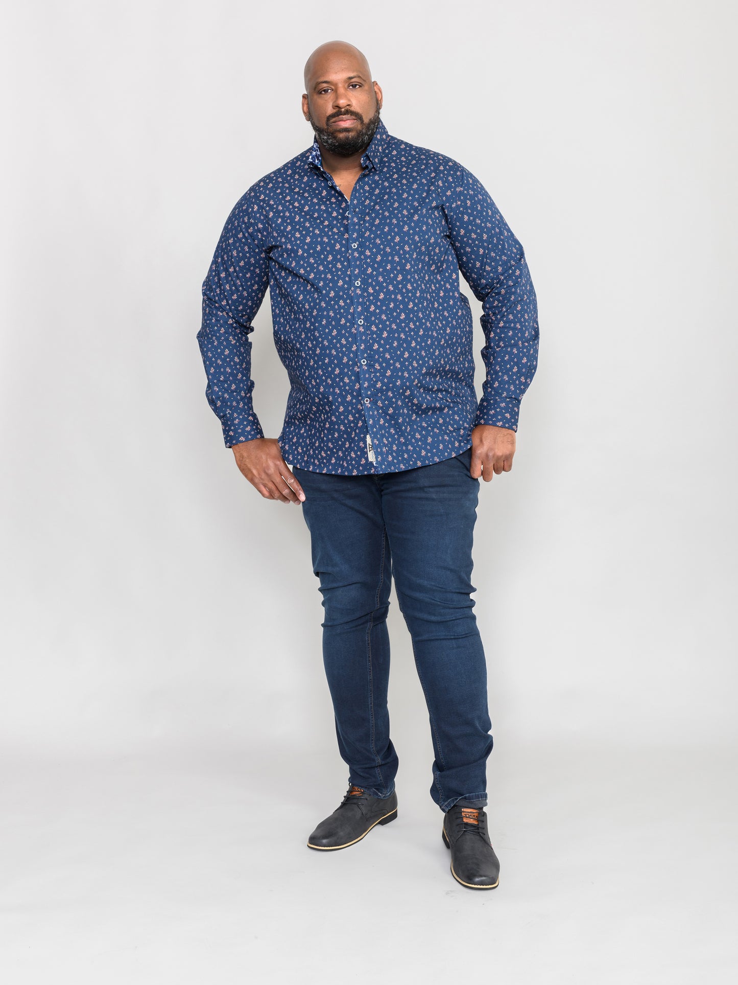 EDMUND -D555 Navy Blue Long Sleeve Shirt with Concealed Button Down Collar