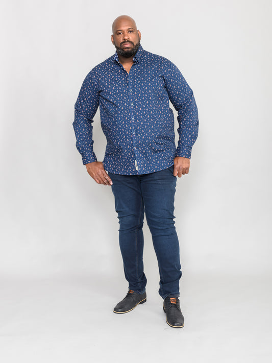 EDMUND -D555 Navy Blue Long Sleeve Shirt with Concealed Button Down Collar