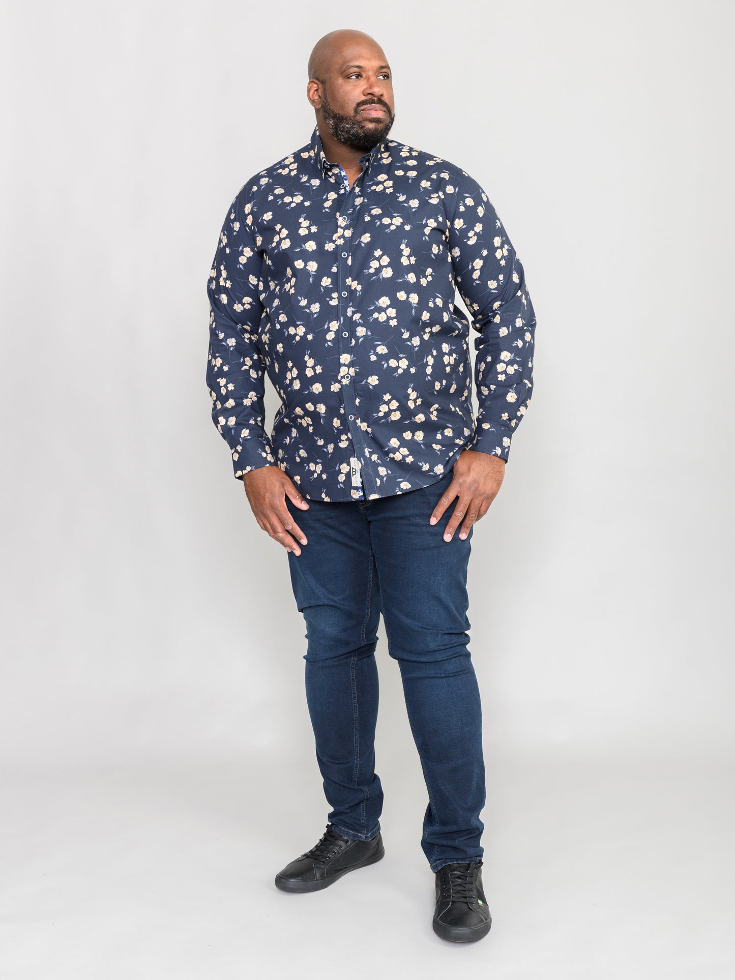 ROOKSEY -D555 Navy Blue Long Sleeve Floral Print Concealed Button Down Shirt