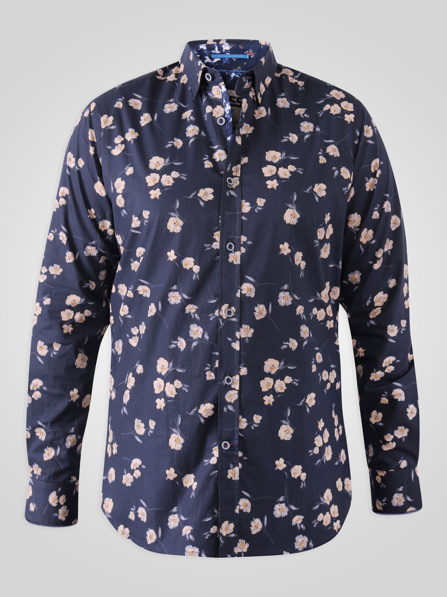 ROOKSEY -D555 Navy Blue Long Sleeve Floral Print Concealed Button Down Shirt