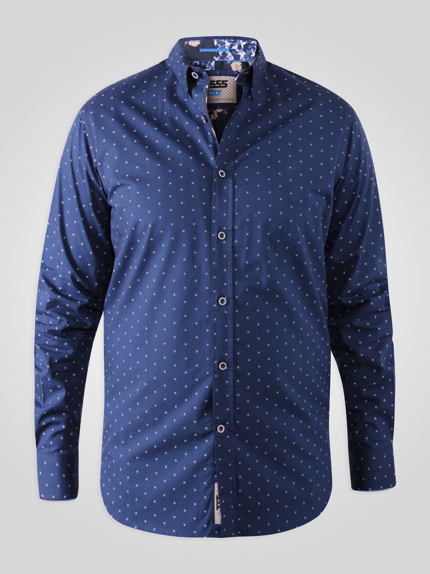 CHILTON -D555 Navy Blue Long Sleeve Print Concealed Button Down Collar Shirt