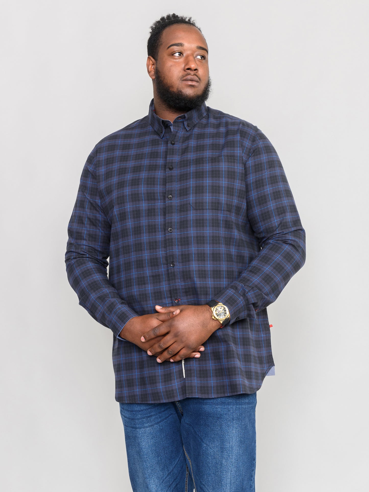 DOVERCOURT -D555 Blue Black Flannel Check Long Sleeve Button Down Collar Shirt
