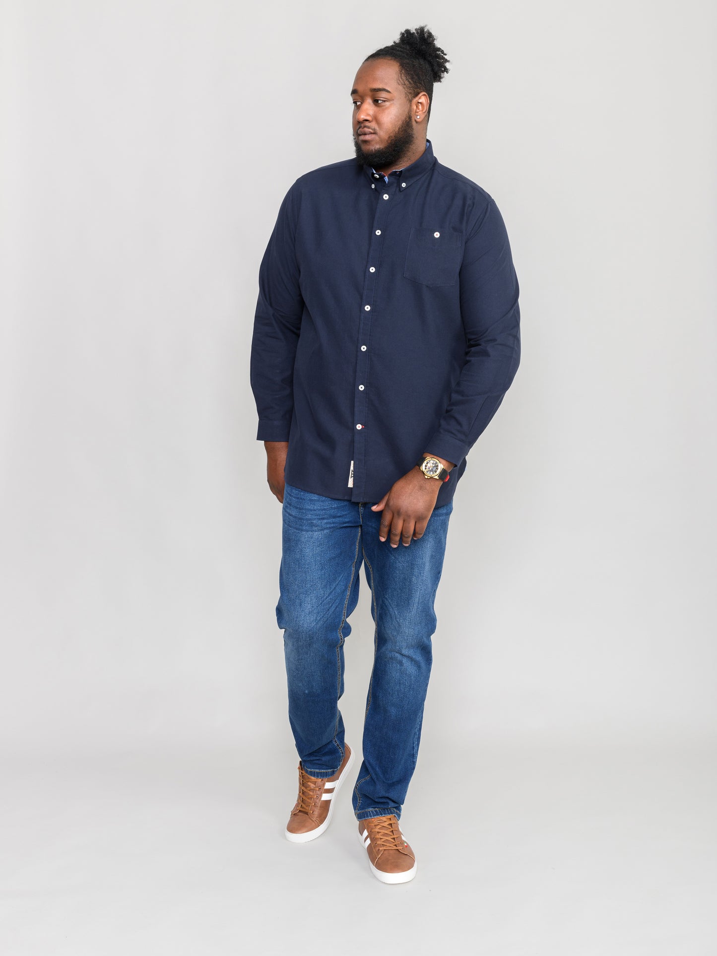 COLCHESTER 1 -D555 Navy Blue Long Sleeve Oxford Shirt with Button Down Collar