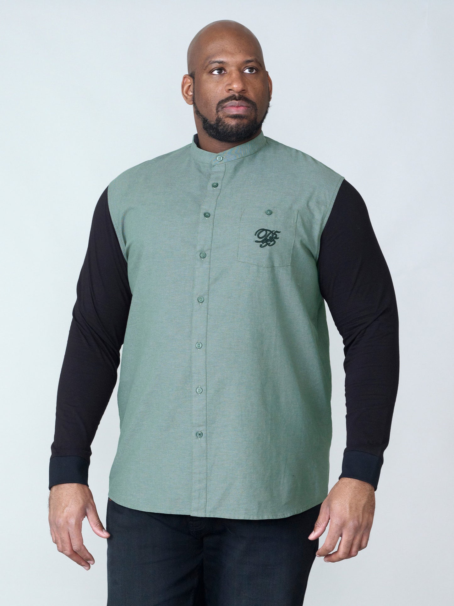 ATKINS -D555 Khaki Green Long Sleeve Couture Grandad Shirt with Jersey Sleeves