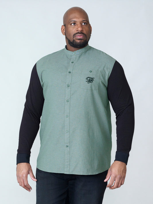 ATKINS -D555 Khaki Green Long Sleeve Couture Grandad Shirt with Jersey Sleeves
