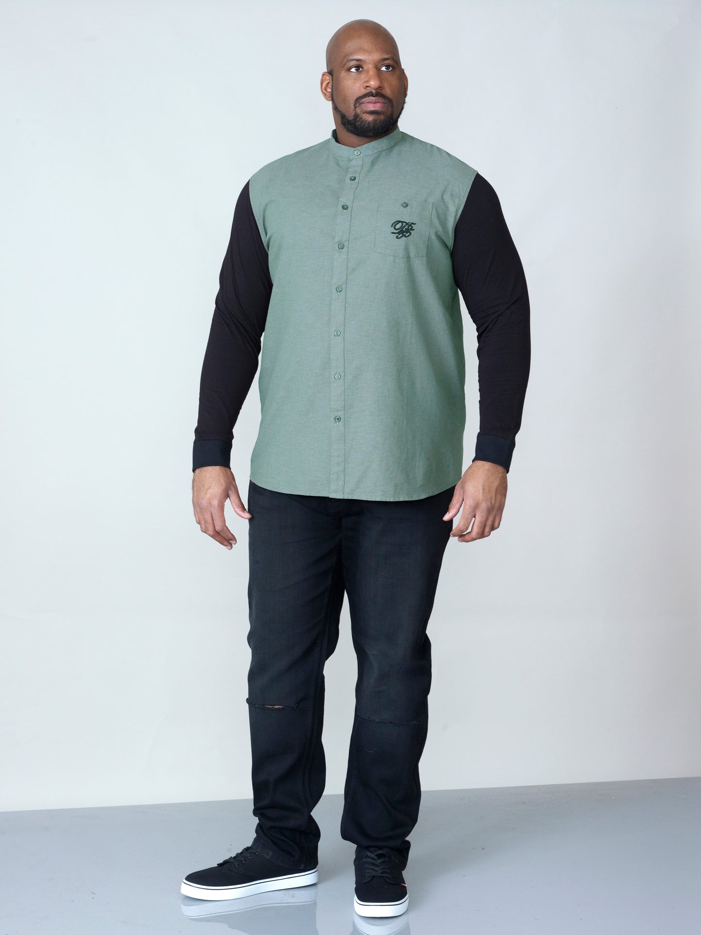 ATKINS -D555 Khaki Green Long Sleeve Couture Grandad Shirt with Jersey Sleeves