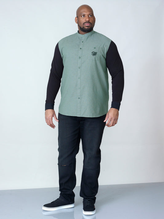 ATKINS -D555 Khaki Green Long Sleeve Couture Grandad Shirt with Jersey Sleeves