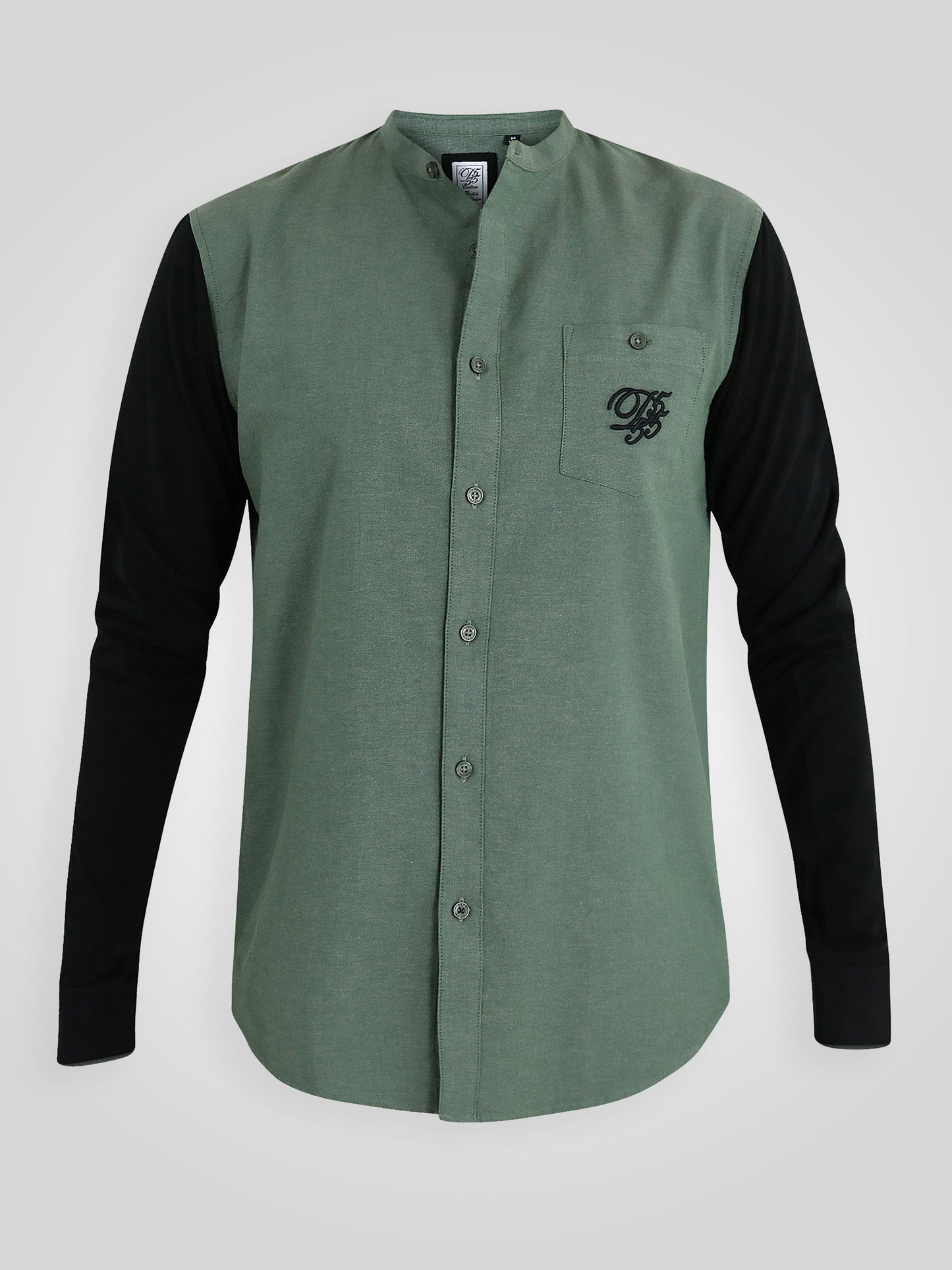 ATKINS -D555 Khaki Green Long Sleeve Couture Grandad Shirt with Jersey Sleeves