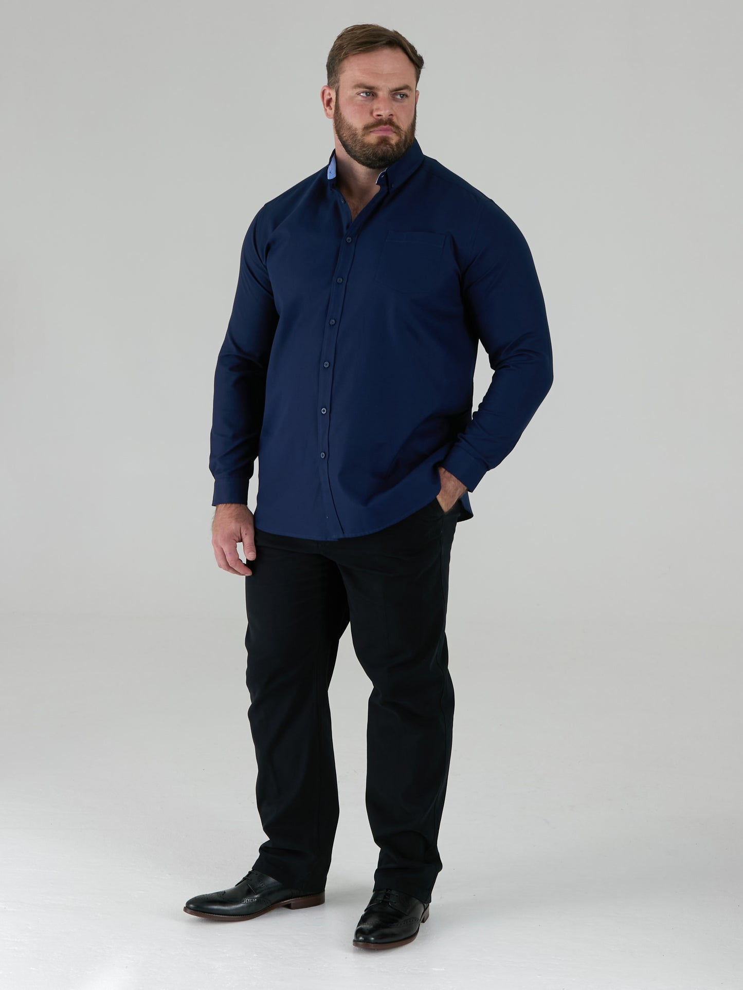 RICHARD -D555 Navy Blue Classic Oxford Long Sleeve Button Down Shirt with Pocket